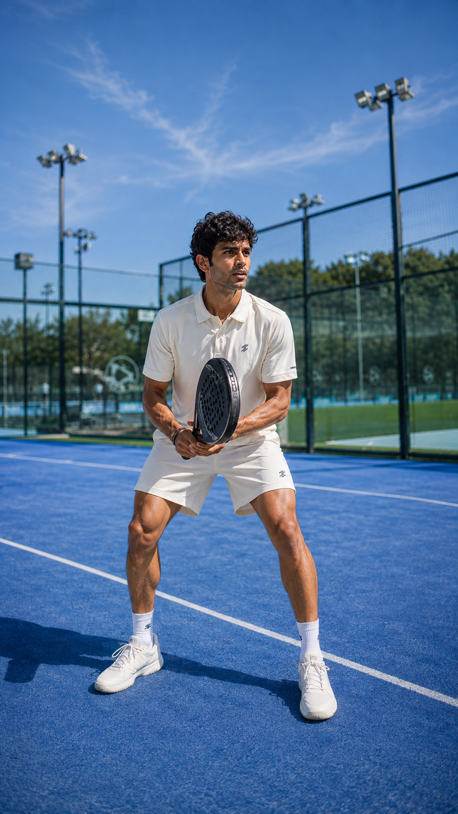 A man wearing a white polo shirt, white shorts, white socks, and white sneakers stands on a blue tennis court holding a tennis racket. That makes a best performance player look. 