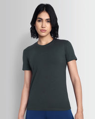 Model wearing Dcyphr's women essentials stretch brand tee (Charcoal)