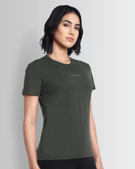 Model wearing Dcyphr's Women Essentials Stretch Brand Tee (Climbing Olive)