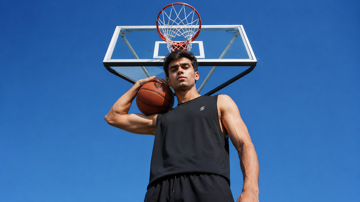 A man in a black sleeveless athletic tank top and matching shorts stands under a basketball hoop holding a basketball against a clear blue sky.It's make a complete atheletic look 