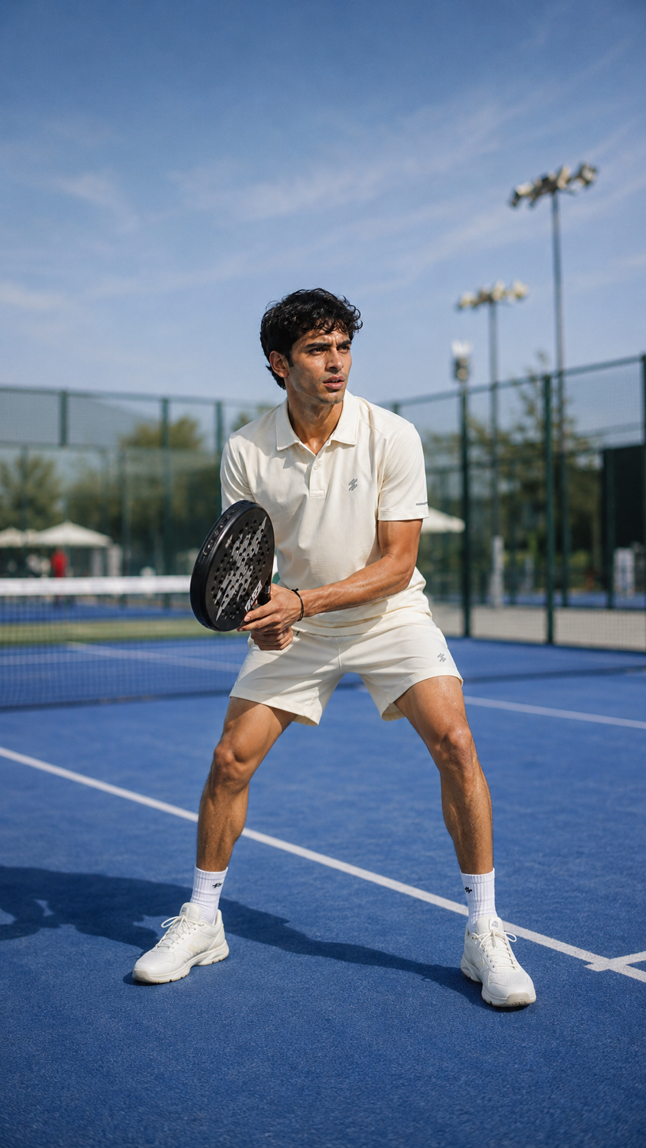 A man on a blue tennis court wearing a white polo shirt, white shorts, white socks, and white sneakers, holding a black racket.