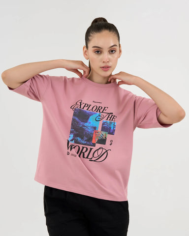 DCYPHR DISCOVERY Women's Explore the world Graphic Tee-Dusk Pink